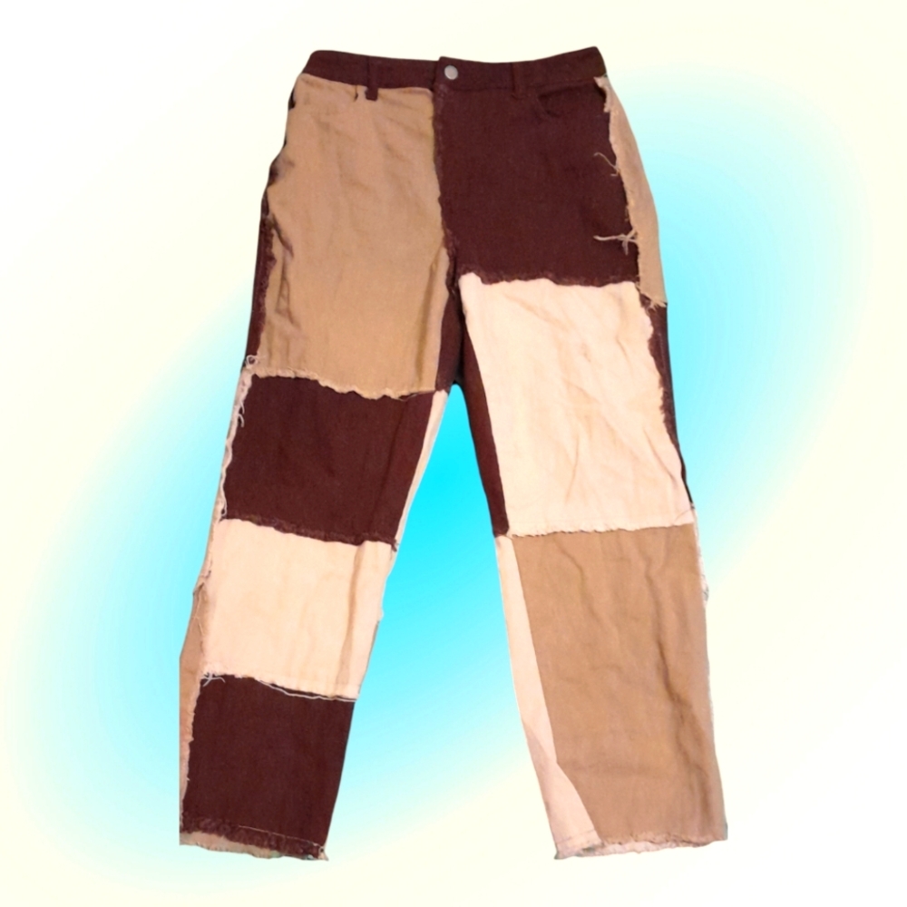 Boohoo brown and cream baggy patched jeans